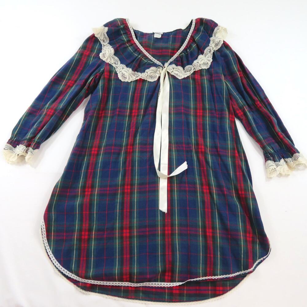 Sedu Fine Lingerie Flannel Night Gown, Blue Red Plaid Sz L 1980s